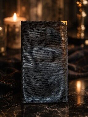 Salvatore Ferragamo Black Lizard Embossed Leather Long Wallet Italy Gold Corner